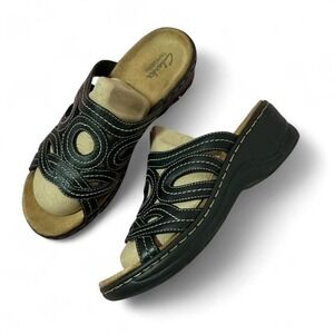 Clarks Bernadette Black Leather Comfort Slide Sandal Shoes